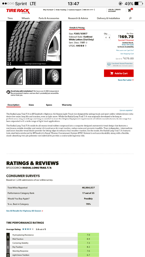 Tire rack price and stats